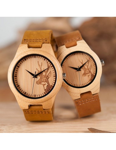 Montre à Quartz en bois de bambou "Force et majesté du cerf" - Modèle Homme & Modèle Femme en stock