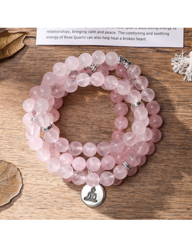 Bracelet Mala Tibétain Quartz Rose Bouddha Livraison rapide