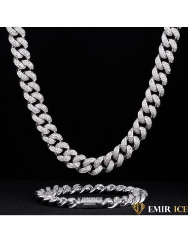 SET DE COLLIER ET BRACELET EMIR CUBAINE OR BLANC - 12MM rembourrage situé sous